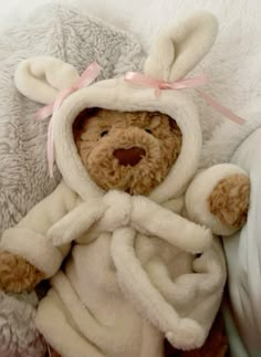 a teddy bear wrapped in a bunny costume