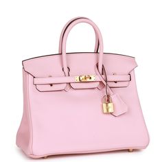 This Birkin is of Rose Sakura swift leather with gold hardware and features tonal stitching, front flap, two straps with center toggle closure, clochette with lock and two keys, and double rolled handles.The interior is lined with Rose Sakura chevre and has one zip pocket with an Hermes engraved zipper pull and an open pocket on the opposite side.Collection: XOrigin: FranceCondition: Pristine; new or never (plastic on hardware)Accompanied by: Hermes box, Hermes dustbag, clochette, lock, two keys, clochette dustbag, rainhat, care booklet, ribbon and feltMeasurements: 10" width x 7.5" height x 4.75" depth; 2.75" handle drop Pink Birkin Bag, Pink Birkin, Pink Designer Bags, Hermes Birkin 25, Hermes Box, Birkin 25, Pretty Bags, Hermes Birkin, Birkin Bag