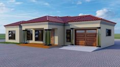 a two story house with a red tiled roof and wooden garage doors on the front