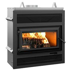 a black stove with flames in it on a white background