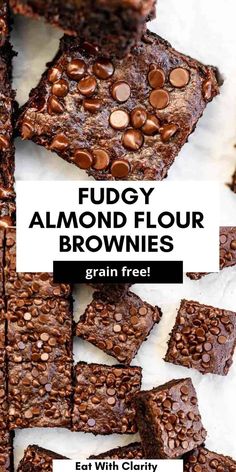 fudgey almond flour brownies with chocolate chips on top and text overlay