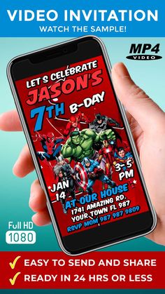 a hand holding up a phone with an avengers birthday party on it and the text, let