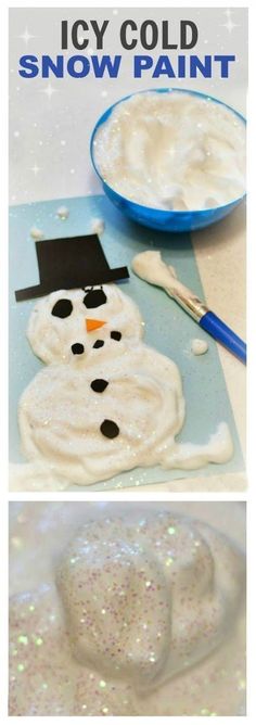 snowman craft for kids to make with icy cold paint and glitters on it