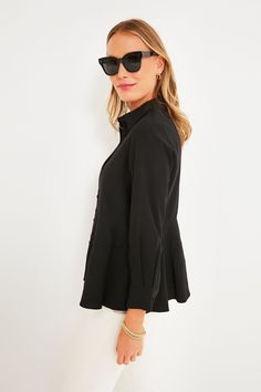 Your traditional button down with a twist, the Ashlen Blouse is the easiest piece that you need to update any look. With covered buttons that add a dash of tailored class, this subtle fit-and-flare number is designed with a tiered hem that makes it stand out in an all-over black colorway that pairs well with everything. From denim to trousers, heels to sneakers, work to play, this year-round top does it all and will have you looking your best with just a few classic touches. Collar Long sleeves Plus And Minus, Round Top, Covered Buttons, Black Blouse, Fit & Flare, Fit And Flare, Black Pants, To Play, Button Downs