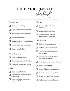 the digital declutter checklist is shown in black and white