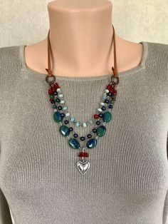 Blue Horizons- Sundance Style Multi Strand Gemstone Necklace, Handmade Unique Gift Bohemian Red Pendant Crystal Necklace, Bohemian Multicolor Heart Beads Necklace, Red Bohemian Pendant Crystal Necklace, Bohemian Red Crystal Pendant Necklace, Bohemian Heart Necklace With Colorful Beads, Hippie Style Red Jewelry For Gift, Bohemian Heart-shaped Beaded Necklace, Adjustable Red Hippie Necklace, Red Agate Beaded Bohemian Necklace