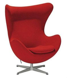 the egg chair is red and has chrome legs, it's upholstered on an aluminum base