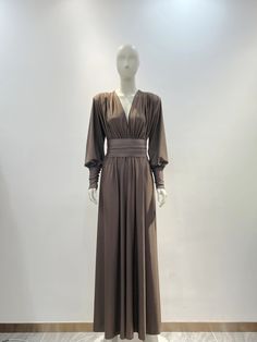 H7bd5cb30408f4570b65110f3258837c5U.jpg Plunging V Neck Dress, Dress Sleeve Styles, China Dress, Long Sleeve Maxi, Polyester Satin, Brown Dress, Types Of Dresses, Club Dresses, Elegant Dress