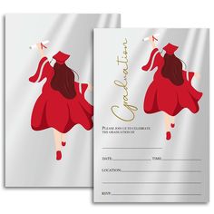 a graduation card with a girl in a red dress