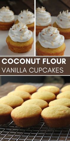 coconut flour vanilla cupcakes on a cooling rack and then topped with whipped cream