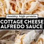 the cover of cottage cheese alfredo sauce is shown in black and white, with an image of