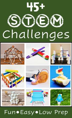 The pin shows nine stem building challenges including a catapult, home, tower, boat and other structures with simple materials. Outdoor Education Activities, Challenges For Kids, Activities For Elementary Students, Stem Lessons, Stem Building, Education Tips, Stem Lesson