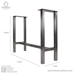 an image of a metal table with measurements for the legs and top section on it