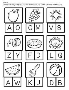 an alphabet worksheet with pictures and words to help students learn the letter sounds