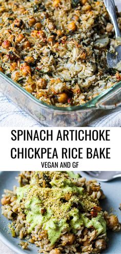 spinach artichoke chickpea rice bake with vegan and gf