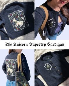 the unicorn tapestry cardigan is made from an old sweater and has been stitched with sequins