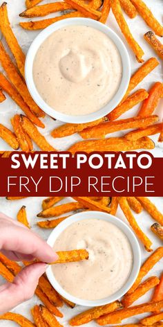 sweet potato fries with dipping sauce in a white bowl and on the side there is a hand reaching for one