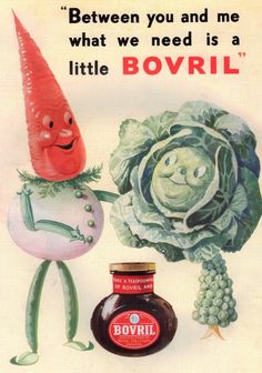 an old advertisement for bovril with a cartoon character holding a large head of lettuce