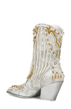 Western style meets retro glamour in this sleek metallic cowboy boot embellished with dazzling crystals and pearly beads. 2 1/2" heel, 9" shaft, 14" circumference (size 8.5) 4-6mm pearls Pull-on style Synthetic upper, lining and sole Imported Elegant Snip Toe Boots With Rhinestones, Glamorous Embellished Wedding Boots, Formal Gold Embellished Boots, Elegant Embellished White Boots, Glamorous White Embellished Boots, Elegant Gold Embellished Boots, Elegant Embellished Snip Toe Boots, Silver Embellished Wedding Boots, Embellished Silver Wedding Boots