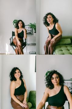 a woman sitting on top of a green couch in front of a chair and smiling