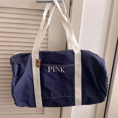 Victoria’s Secret Pink Duffle Travel Gym Bag White Duffle Bag With Large Capacity For Weekends, White Large Capacity Duffle Bag For Weekend, Blue Casual Tote Duffle Bag, Casual Blue Tote Duffle Bag, Casual White Travel Bag For Weekend, Blue Rectangular Travel Bag For Weekend, Blue Weekender Bag With Large Capacity, Preppy Blue Bag For Everyday Use, Preppy Blue Bags For Everyday Use