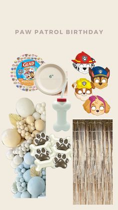 an assortment of party supplies including plates, napkins and decorations for a paw patrol birthday