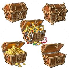 an open wooden chest filled with gold coins and jewels - miscellaneous objects illustrations on separate layers