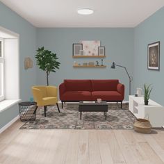 a living room filled with furniture and a potted plant