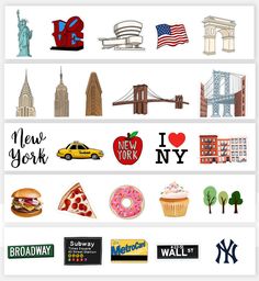 the new york city skyline is depicted in this collage with stickers and magnets