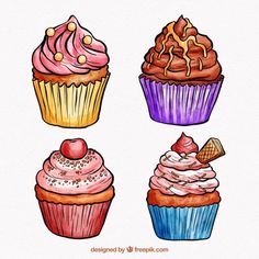 four colorful cupcakes with different toppings