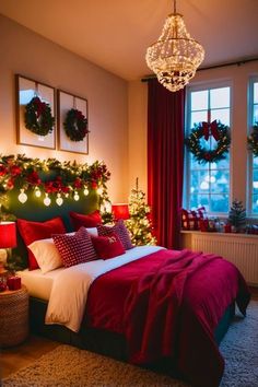 a bedroom decorated for christmas with wreaths and lights