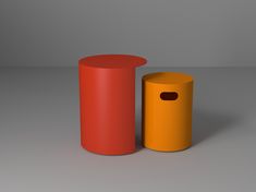 an orange and yellow trash can sitting next to each other on a gray surface with grey background