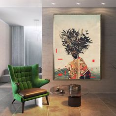 a green chair sitting in front of a painting on the wall next to a glass table