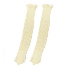 Keep warm while being a fashionista with these trendy boot socks. The boot socks feature frilly lace at the top while the body consists of an intricate knitted texture. These socks can be worn in a number of ways with countless styles. Wear them with leggings, tights, skinny jeans, and dresses. Have them pulled up and peeking out of knee-high boots, or scrunched down over mid-calf boots and booties. Made with cotton, these boot socks are super comfy and will keep the chills away. Available in a Beige Stretch Stockings For Winter, Stretch Beige Stockings For Winter, Winter Beige Stockings, Fitted Lace Trim Winter Socks, Beige Thigh High Stockings For Winter, Fitted Lace Trim Socks For Winter, Beige Thigh-high Stockings For Winter, Cream Thigh High Winter Socks, Cream Stretch Knee-high Socks