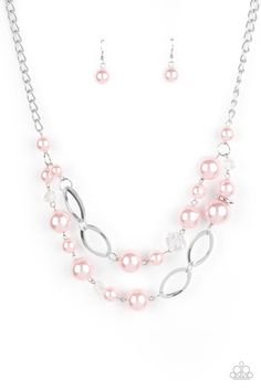 A glamorous collection of white crystal-like beads, shiny silver ovals, and oversized pink pearls delicately connect into two bubbly layers below the collar for an effortless glow. Features an adjustable clasp closure. Get The Complete Look! Bracelet: "Glamour Gamble - Pink" (Sold Separately) Paparazzi Necklaces, Future Jewelry, Rainbow Order, Dream Future, Faceted Bead Necklace, High Roller, Pink Pearls, Pink Jewelry, Pink Necklace