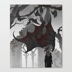 a drawing of a bat hanging from a tree