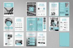 a set of brochures with blue and white designs