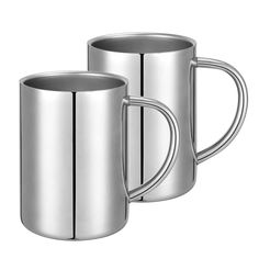 two stainless steel mugs sitting side by side