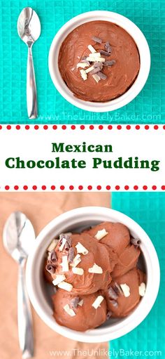 mexican chocolate pudding in a white bowl with spoons on the side, and text overlay reading mexican chocolate pudding