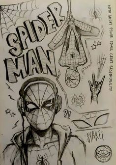 a drawing of a spider man with headphones and various other things around his face