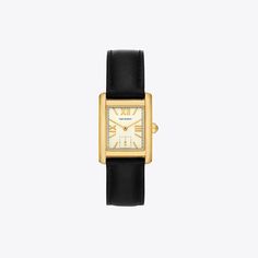 Clean-lined and elegant. The Eleanor watch features a rectangular dial with three-hand movement. Crafted in gold-tone stainless steel with a black leather band. Classic Rectangular Watches For Workwear, Classic Watches With Rectangular Dial For Work, Classic Rectangular Watches For Work, Classic Gold Watch With Square Face, Classic Square Watches For Formal Occasions, Classic Square Watch For Formal Occasions, Elegant Rectangular Watch For Workwear, Timeless Rectangular Watch For Work, Classic Yellow Gold Watch