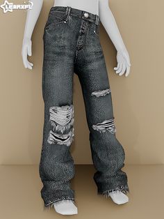 a white male mannequin wearing jeans with holes on the bottom and knees, standing in front of a beige background