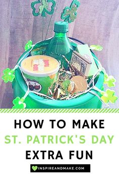 a st patrick's day basket with shamrocks and beer in it, on top of a wooden table