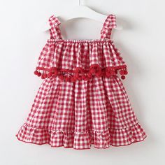 Summer Girls' Middle And Small Children's Suspender Plaid Ruffle Dress - PrettyKid Cotton Sleeveless Ruffled Suspender Dress, Cute Cotton Suspender Dress For Summer, Gingham Dress With Ruffled Straps And Details, Gingham Dress With Ruffled Straps And Ruffles, Casual Cotton Suspender Dress With Ruffles, Playful Gingham Dress With Ruffles, Playful Sleeveless Gingham Dress, Cute Plaid Sleeveless Dress, Cute Sleeveless Plaid Dress