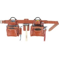 two leather tool pouches with tools hanging from them