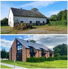 two pictures side by side one has a barn and the other has a house