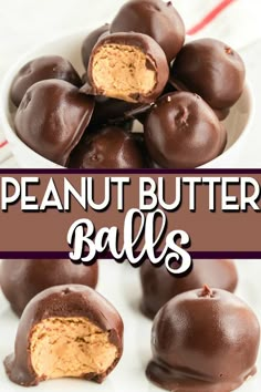 chocolate peanut butter balls are stacked on top of each other