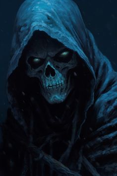 a skeleton wearing a hooded jacket and holding a knife in his hands with glowing eyes