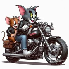 a cartoon cat riding on the back of a motorcycle with a mouse in it's lap