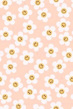 a pink background with white flowers and smiley faces